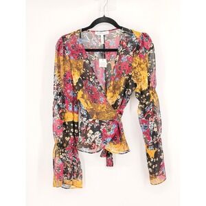 Floral Patchwork Boho Y2K Wrap Top New Sheer Floral Festival Bright Womens NWT
